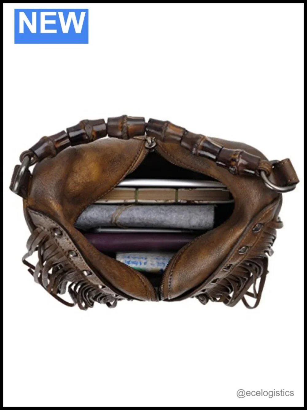 Women Leather Fringe Crossbody Bag Boho Bamboo Handle Studded Handbag